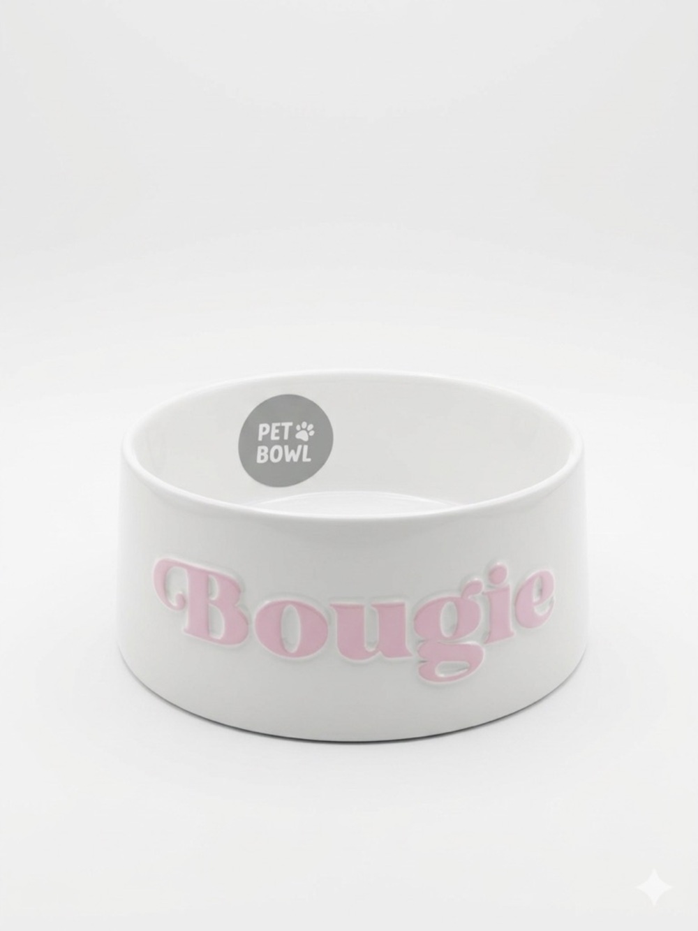 'Bougie'Pet Bowl Ceramic Dog Bowl with Pink 'Bougie' Lettering